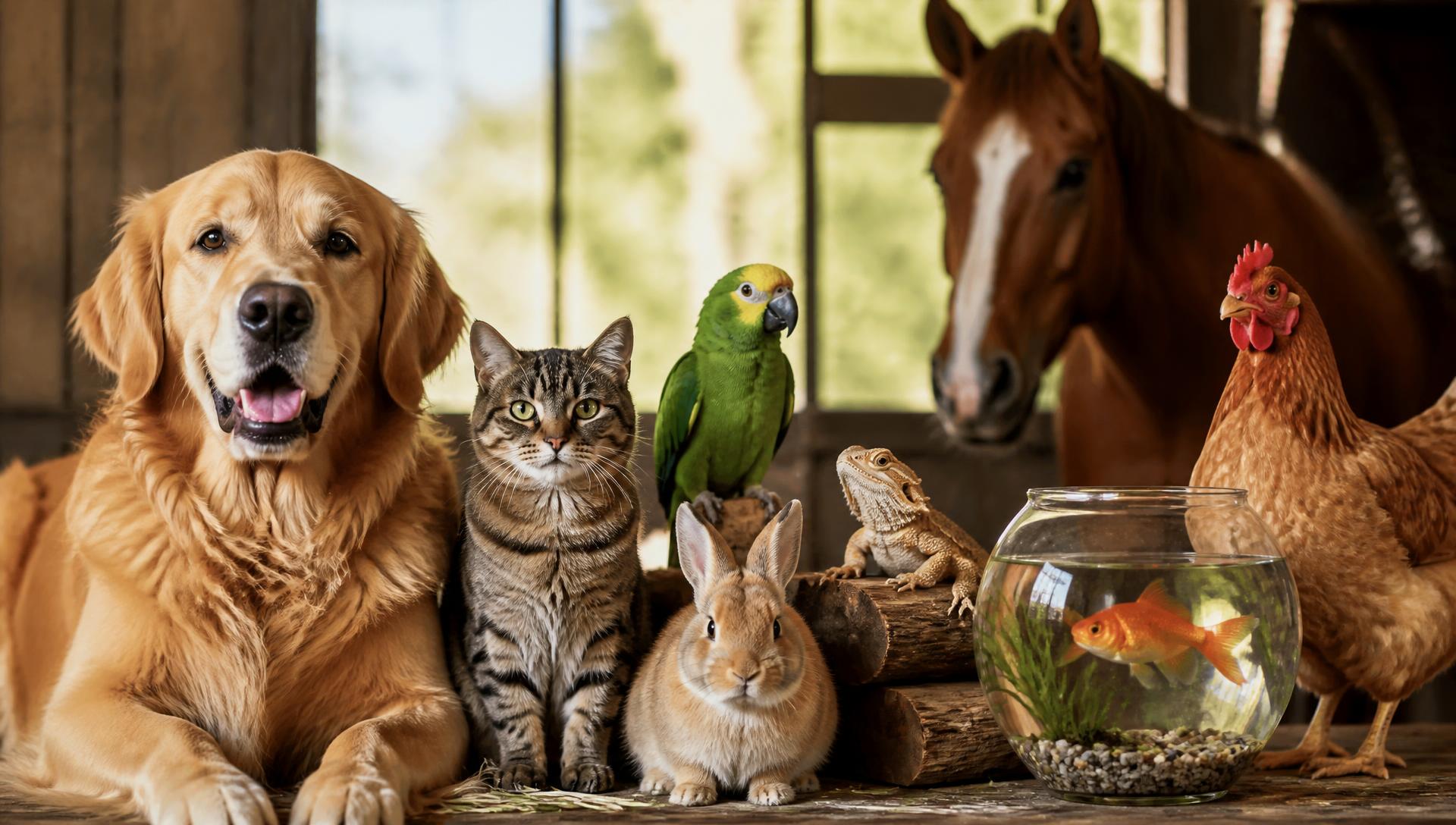Dog, cat, parrot, rabbit, bearded dragon, goldfish, chicken and horse together